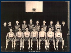 Our basketball team of 1946. Coaches were Marinus Kregel and Ruben Grosshuesch. Front row: Alan Barz, me, Nels Hauptman, Howard Beer, Carroll Olm, Henry Heinbuch and Carl Mohr.  Photo courtesy of Gene Jaberg.