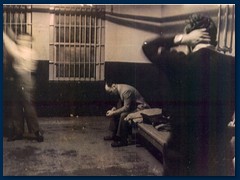 Returning from a win over Milwaukee UW Extension, we were caught in a sudden blizzard in Racine. In any case, all hotels were booked so our team ended up in jail. This picture shows Coach Kregel just waking up from a tough night on metal bunks without mattresses. Photo courtesy of Gene Jaberg.