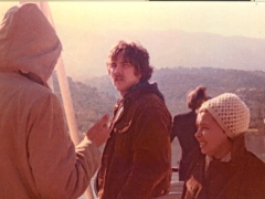 1974 Winterim Greece Trip. From left, ?, James Calabro and Mrs. Leach (Prof. Leach's wife) on a boat in Greece. 