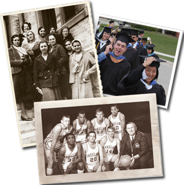 Photo collage - 10 people standing on a stairway, graduates walking in line, and the basketball team posing with coach Moose Woltzen.